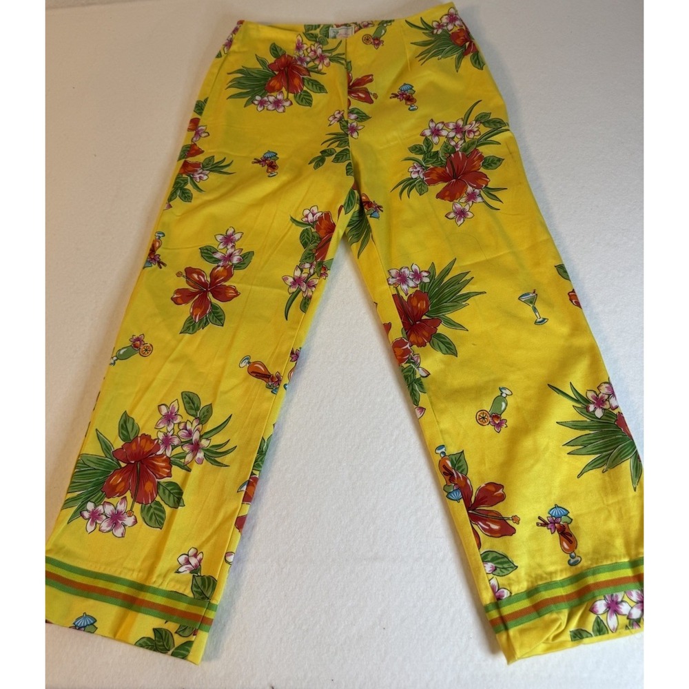 Bamboo Traders Womens Yellow Tropical Hibiscus Cocktail Print Pants Size 4
